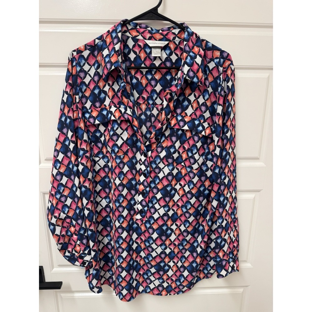 Christopher & Banks Geo Print Half Button Up Blouse Multicolor Women Large